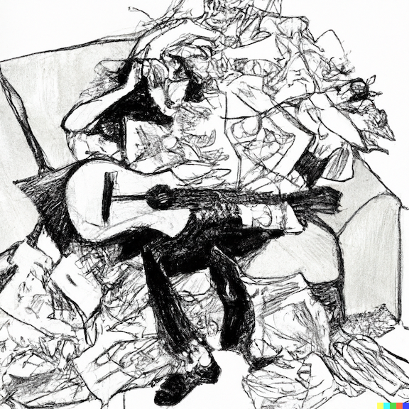 Songwriter's Block - Surrealist scribbled pen-an-ink drawing of a frustrated songwriter with her head becoming a messy ball of crumpled paper